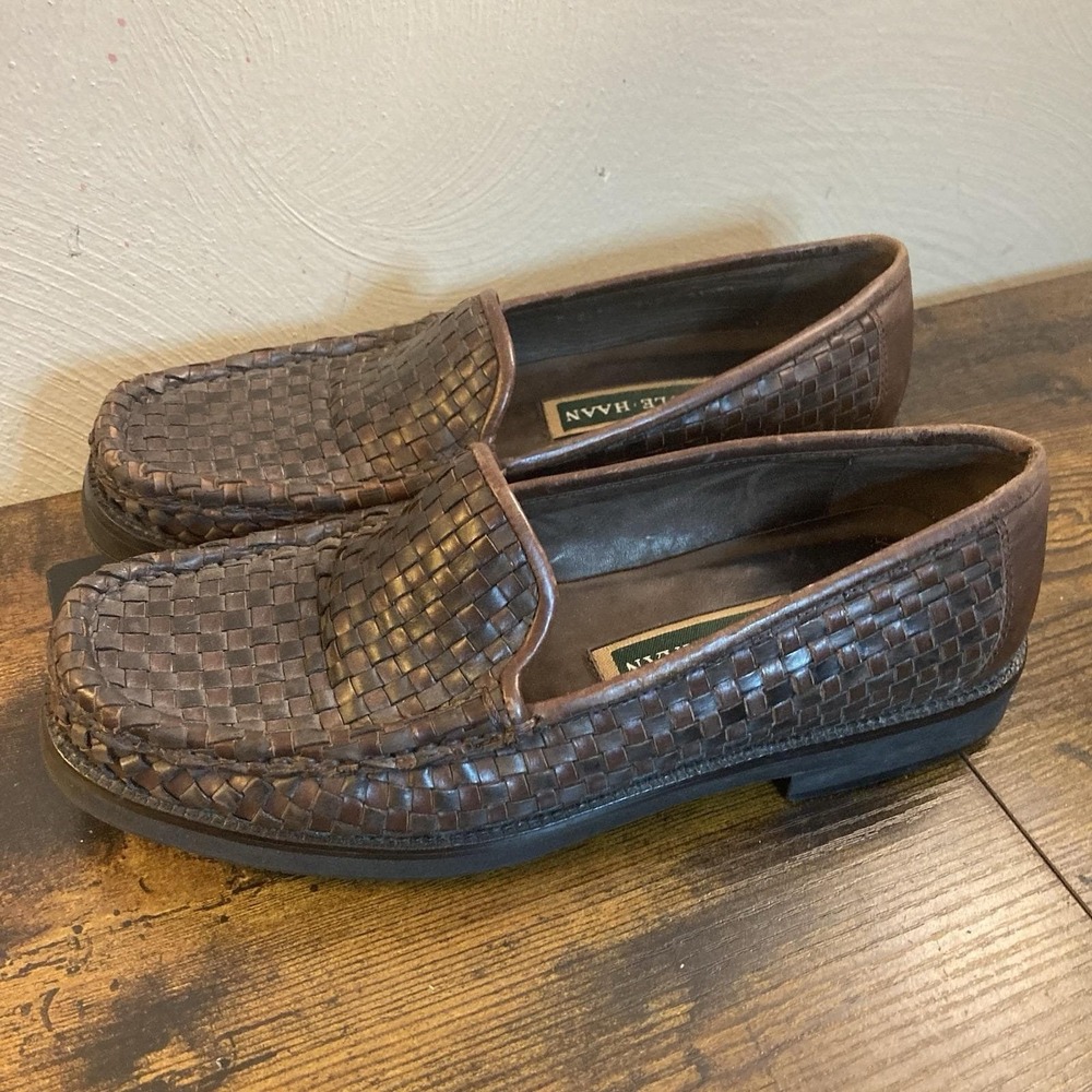 Cole Haan Handmade Woven Leather Penny Loafers Mens 6.5 B Brown Slip On Moc Toe